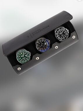 Hotel Collection Black Leather 3-Slot Watch Roll with Snap Closures
